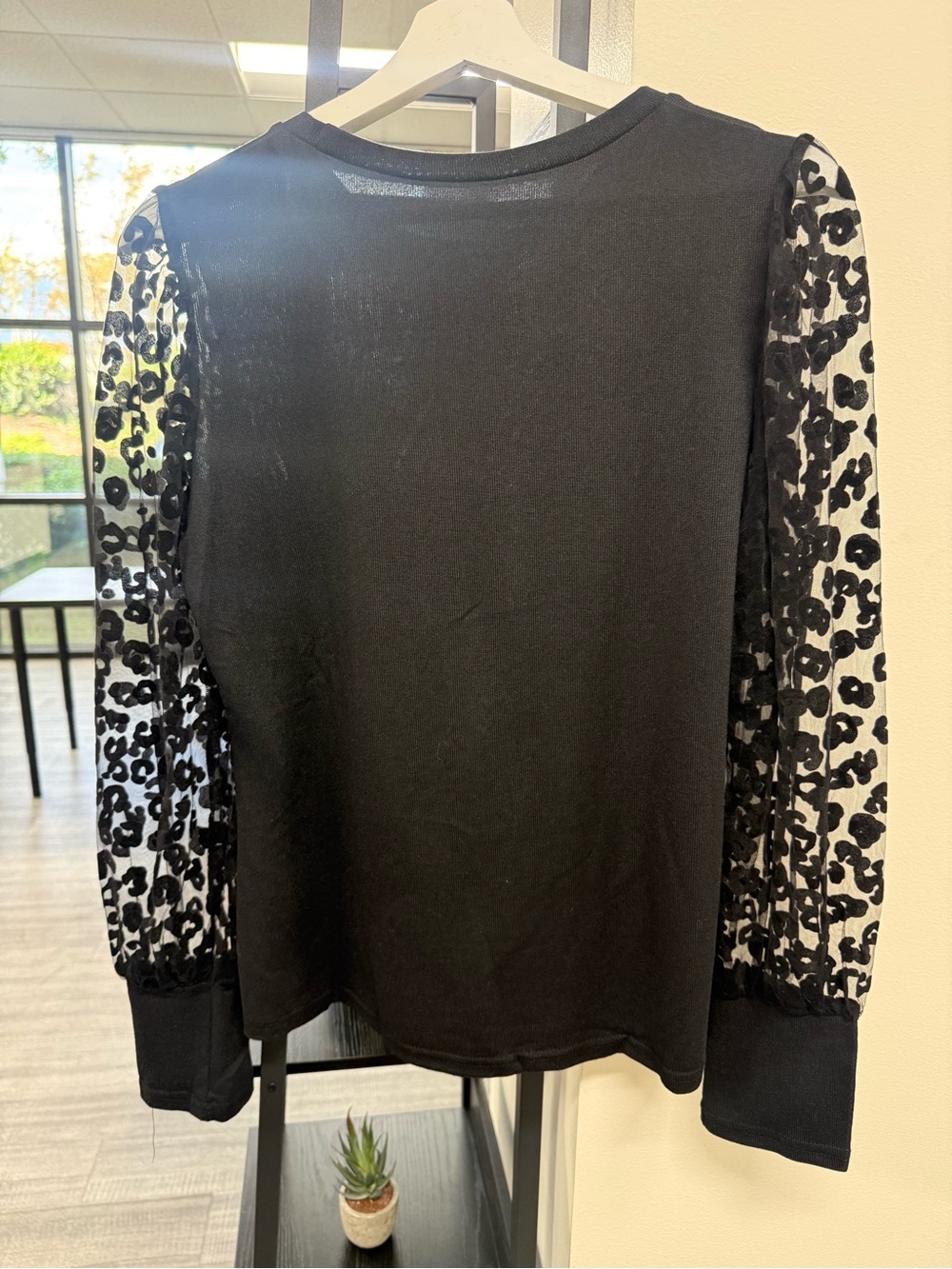 Size Large Leopard Print Mesh Design Black Color Long-Sleeve Top